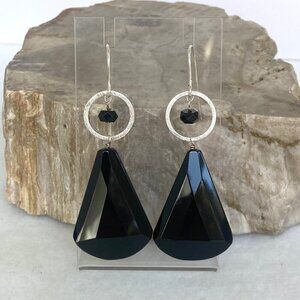 Deb Guyot Sterling Silver 925 Faceted Teardrop Black Tourmaline Dangle Earrings